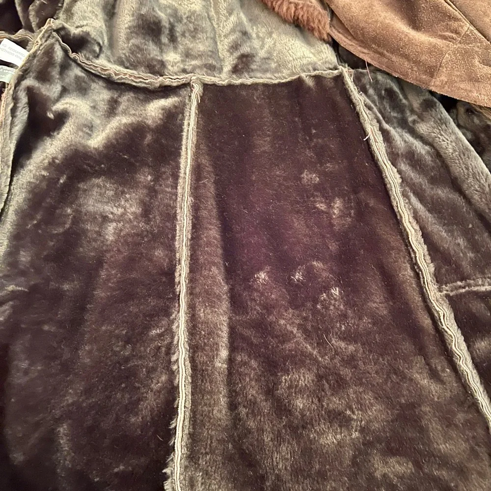 Vintage split cowhide brown suede coat lamb collar wrap style size Med - Picture 10 of 13